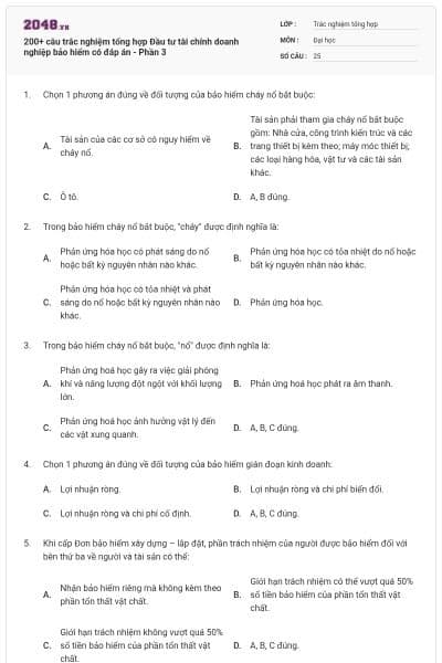 200+ câu trắc nghiệm tổng hợp Đầu tư tài chính doanh nghiệp bảo hiểm có đáp án - Phần 3
