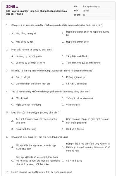 500+ câu trắc nghiệm tổng hợp Chứng khoán phái sinh có đáp án - Phần 2