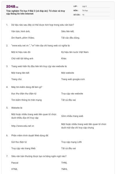 Trắc nghiệm Tin học 9 Bài 3 (có đáp án): Tổ chức và truy cập thông tin trên Internet