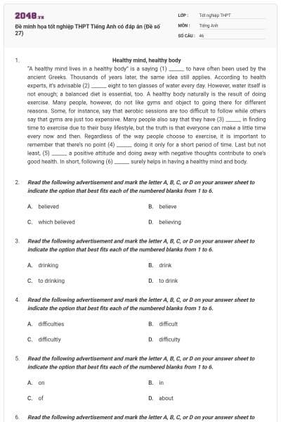 Đề minh họa tốt nghiệp THPT Tiếng Anh có đáp án (Đề số 27)