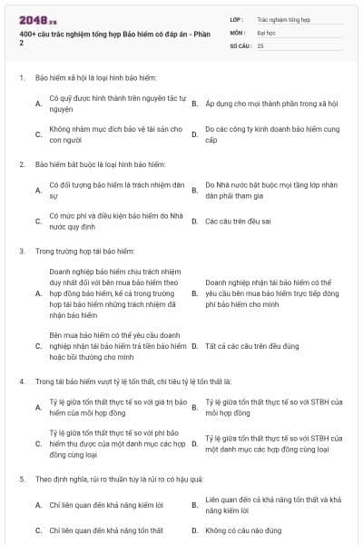 400+ câu trắc nghiệm tổng hợp Bảo hiểm có đáp án - Phần 2