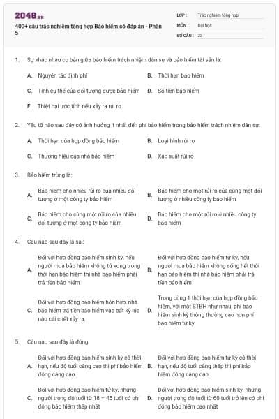 400+ câu trắc nghiệm tổng hợp Bảo hiểm có đáp án - Phần 5