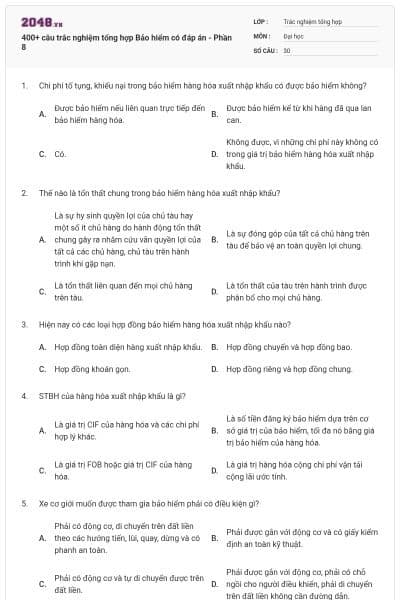 400+ câu trắc nghiệm tổng hợp Bảo hiểm có đáp án - Phần 8