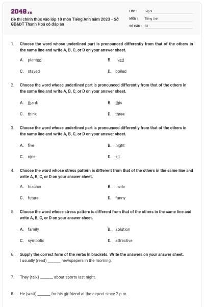 Đề thi chính thức vào lớp 10 môn Tiếng Anh năm 2023 - Sở GD&ĐT Thanh Hoá có đáp án