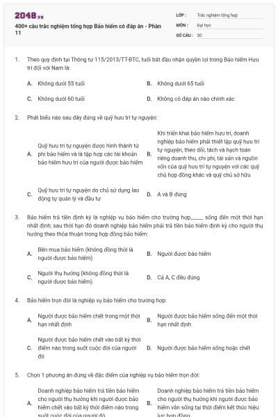 400+ câu trắc nghiệm tổng hợp Bảo hiểm có đáp án - Phần 11