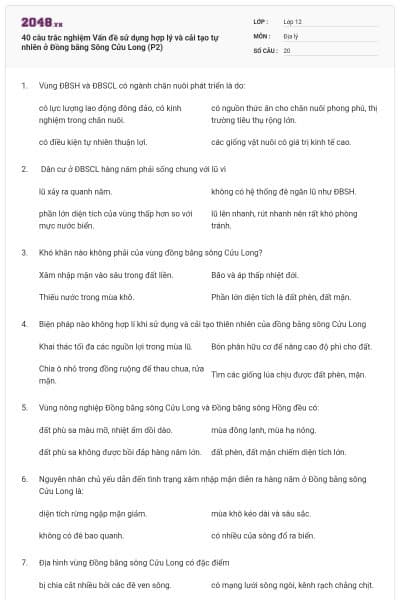 40 câu trắc nghiệm Vấn đề sử dụng hợp lý và cải tạo tự nhiên ở Đồng bằng Sông Cửu Long (P2)