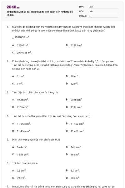 10 bài tập Một số bài toán thực tế liên quan đến hình trụ có lời giải