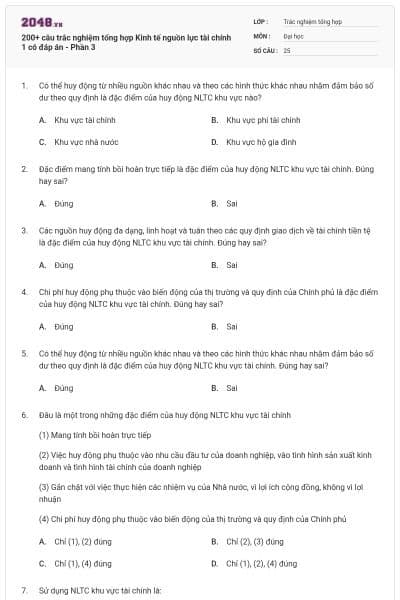 200+ câu trắc nghiệm tổng hợp Kinh tế nguồn lực tài chính 1 có đáp án - Phần 3