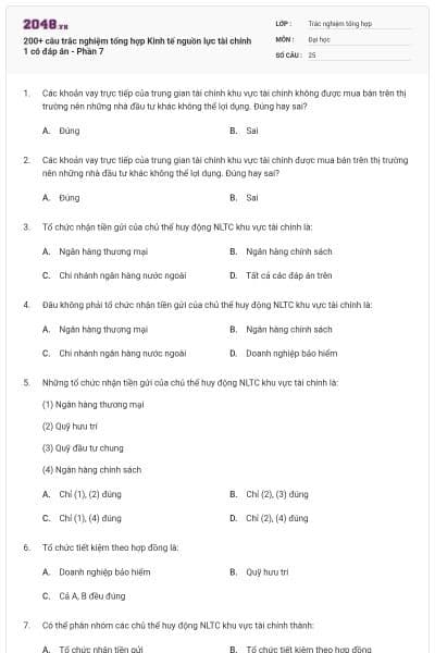 200+ câu trắc nghiệm tổng hợp Kinh tế nguồn lực tài chính 1 có đáp án - Phần 7