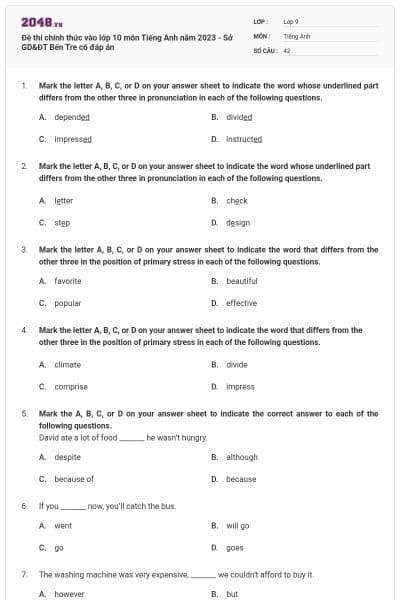 Đề thi chính thức vào lớp 10 môn Tiếng Anh năm 2023 - Sở GD&ĐT Bến Tre có đáp án