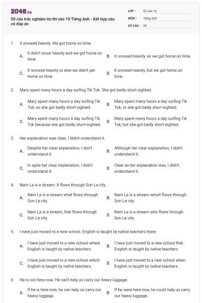 50 câu trắc nghiệm ôn thi vào 10 Tiếng Anh - Kết hợp câu có đáp án