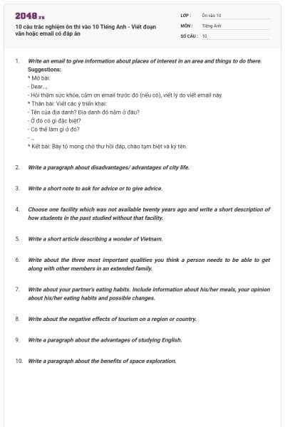 10 câu trắc nghiệm ôn thi vào 10 Tiếng Anh - Viết đoạn văn hoặc email có đáp án