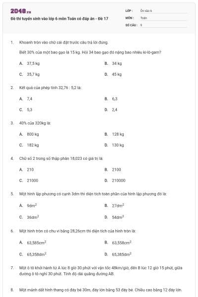 Đề thi tuyển sinh vào lớp 6 môn Toán có đáp án - Đề 17