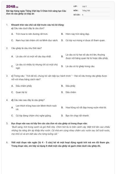 Bài tập hàng ngày Tiếng Việt lớp 5 Chân trời sáng tạo Câu đơn và câu ghép có đáp án