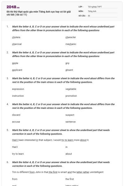 Đề thi thử thpt quốc gia môn Tiếng Anh cực hay có lời giải chi tiết ( Đề số 11)
