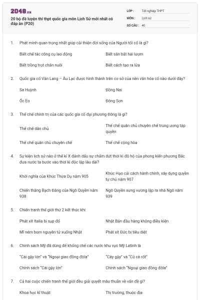 20 bộ đề luyện thi thpt quốc gia môn Lịch Sử mới nhất có đáp án (P20)