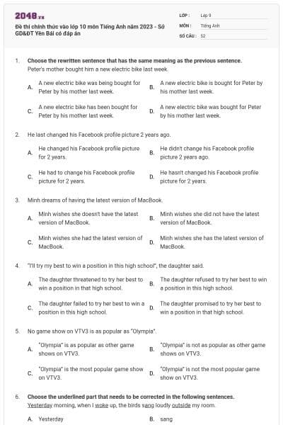 Đề thi chính thức vào lớp 10 môn Tiếng Anh năm 2023 - Sở GD&ĐT Yên Bái có đáp án