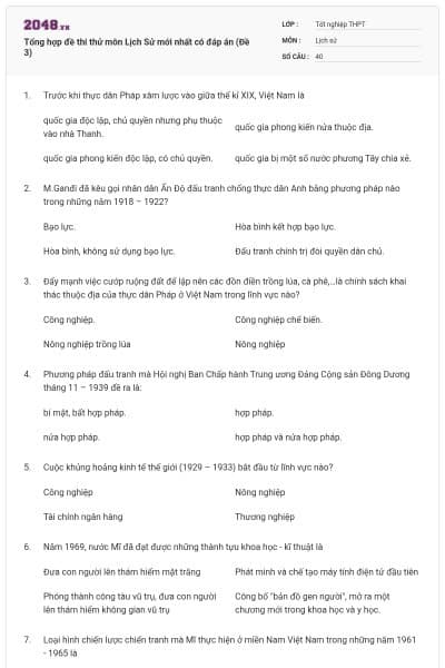 Tổng hợp đề thi thử môn Lịch Sử mới nhất có đáp án (Đề 3)