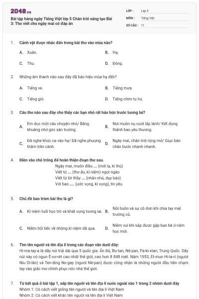 Bài tập hàng ngày Tiếng Việt lớp 5 Chân trời sáng tạo Bài 3: Thơ viết cho ngày mai có đáp án