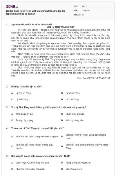 Bài tập hàng ngày Tiếng Việt lớp 5 Chân trời sáng tạo Ôn tập cuối năm học có đáp án