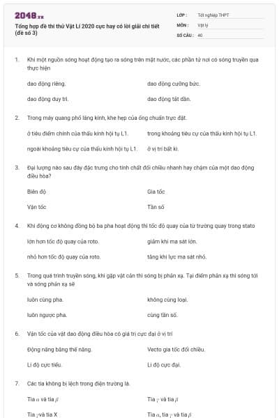 Tổng hợp đề thi thử Vật Lí 2020 cực hay có lời giải chi tiết (đề số 3)