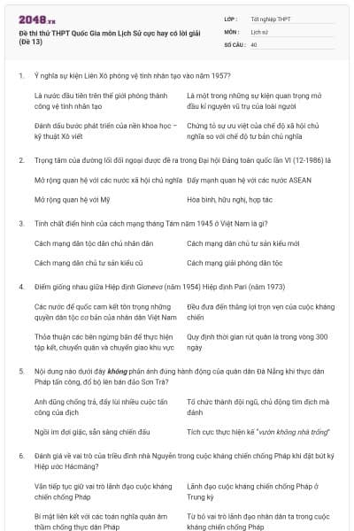 Đề thi thử THPT Quốc Gia môn Lịch Sử cực hay có lời giải (Đề 13)