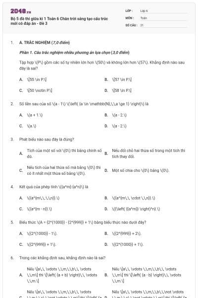 Bộ 5 đề thi giữa kì 1 Toán 6 Chân trời sáng tạo cấu trúc mới có đáp án - Đề 3
