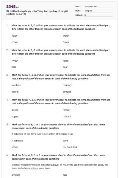 Đề thi thử thpt quốc gia môn Tiếng Anh cực hay có lời giải chi tiết ( Đề số 12)