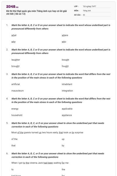 Đề thi thử thpt quốc gia môn Tiếng Anh cực hay có lời giải chi tiết ( Đề số 13)