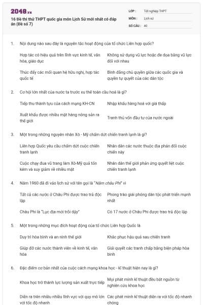 16 Đề thi thử THPT quốc gia môn Lịch Sử mới nhất có đáp án (Đề số 7)