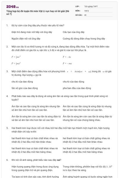 Tổng hợp bộ đề luyện thi môn Vật Lí cực hay có lời giải (Đề số 7)