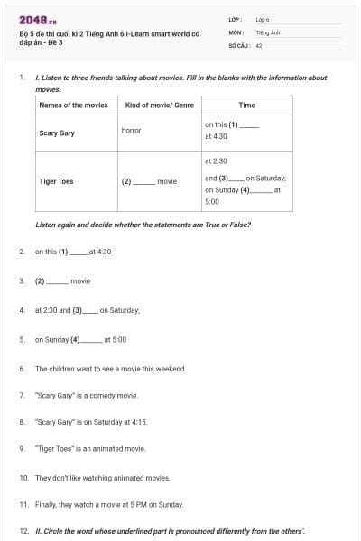 Bộ 5 đề thi cuối kì 2 Tiếng Anh 6 i-Learn smart world có đáp án - Đề 3