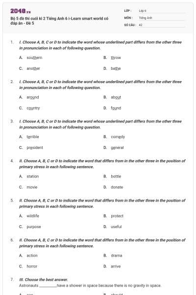Bộ 5 đề thi cuối kì 2 Tiếng Anh 6 i-Learn smart world có đáp án - Đề 5