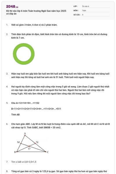 Đề thi vào lớp 6 môn Toán trường Ngôi Sao năm học 2025 có đáp án