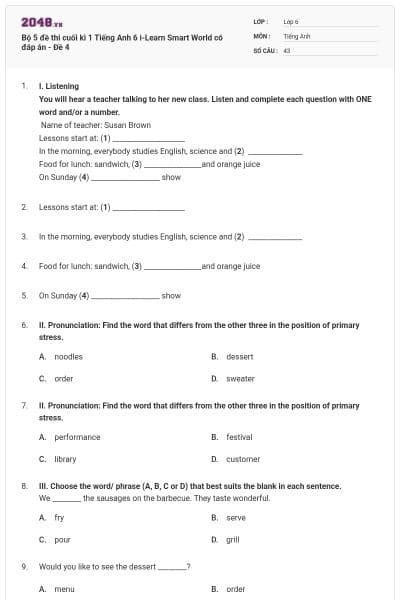 Bộ 5 đề thi cuối kì 1 Tiếng Anh 6 i-Learn Smart World có đáp án - Đề 4