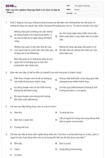 500+ câu trắc nghiệm tổng hợp Hành vi tổ chức có đáp án - Phần 2