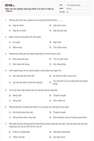 500+ câu trắc nghiệm tổng hợp Hành vi tổ chức có đáp án - Phần 9