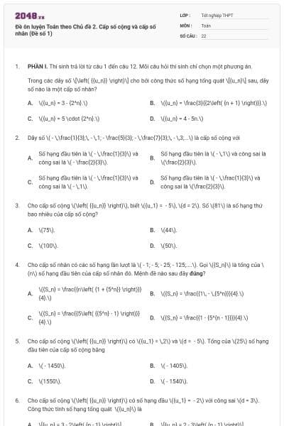 Đề ôn luyện Toán theo Chủ đề 2. Cấp số cộng và cấp số nhân (Đề số 1)
