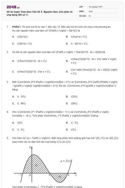 Đề ôn luyện Toán theo Chủ đề 4. Nguyên hàm, tích phân và ứng dụng (Đề số 1)