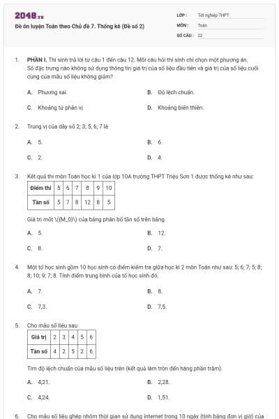 Đề ôn luyện Toán theo Chủ đề 7. Thống kê (Đề số 2)