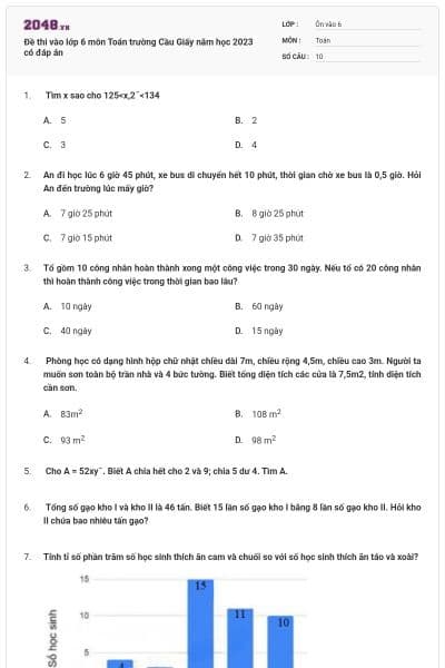 Đề thi vào lớp 6 môn Toán trường Cầu Giấy năm học 2023 có đáp án