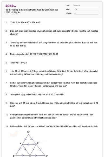 Đề thi vào lớp 6 môn Toán trường Nam Từ Liêm năm học 2022 có đáp án