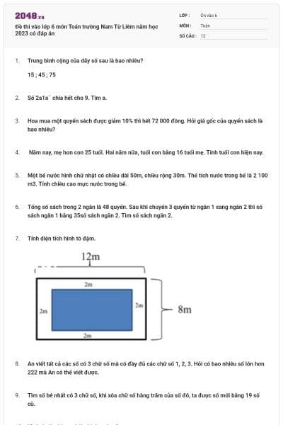 Đề thi vào lớp 6 môn Toán trường Nam Từ Liêm năm học 2023 có đáp án