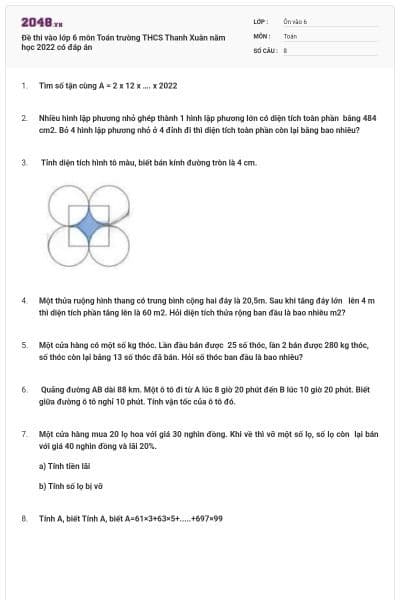 Đề thi vào lớp 6 môn Toán trường THCS Thanh Xuân năm học 2022 có đáp án