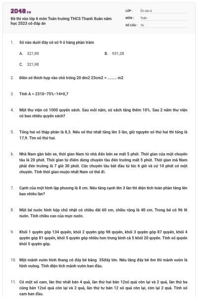 Đề thi vào lớp 6 môn Toán trường THCS Thanh Xuân năm học 2023 có đáp án