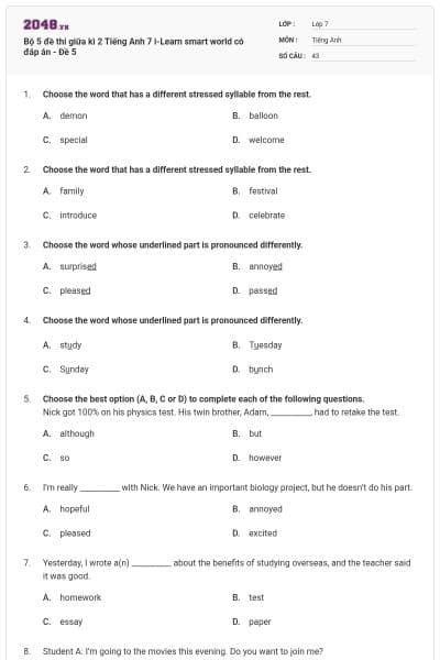 Bộ 5 đề thi giữa kì 2 Tiếng Anh 7 i-Learn smart world có đáp án - Đề 5