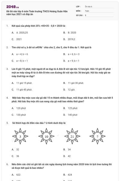 Đề thi vào lớp 6 môn Toán trường THCS Hoàng Xuân Hãn năm học 2021 có đáp án