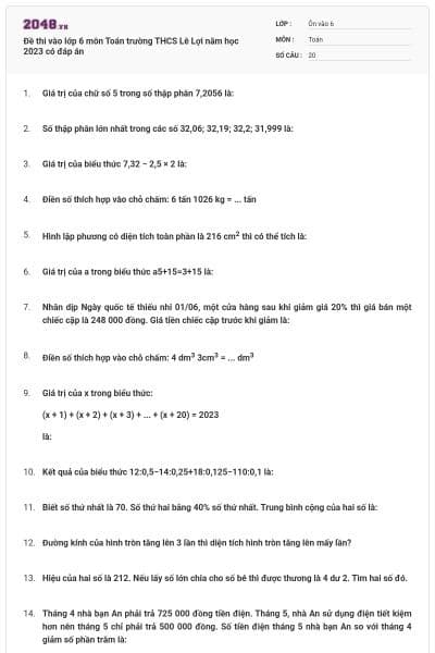 Đề thi vào lớp 6 môn Toán trường THCS Lê Lợi năm học 2023 có đáp án