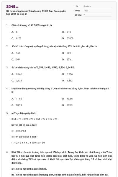 Đề thi vào lớp 6 môn Toán trường THCS Tam Dương năm học 2021 có đáp án