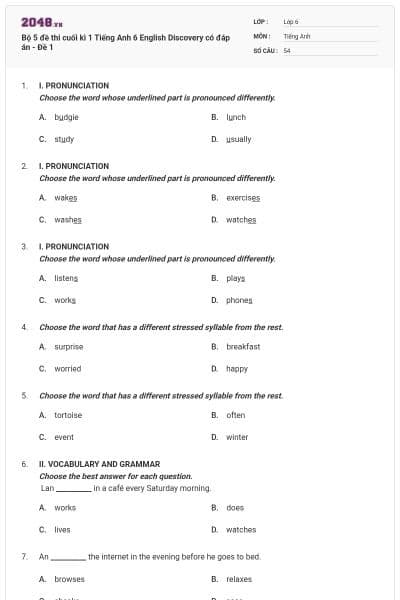 Bộ 5 đề thi cuối kì 1 Tiếng Anh 6 English Discovery có đáp án - Đề 1